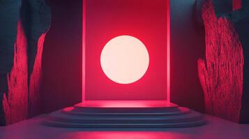 A minimalist stage bathed in red light, featuring a circular light source and contrasting rough rock textures, creating a surreal atmosphere. photo