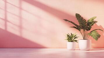 Interior featuring two potted plants on a pink backdrop. A light cast from a window adds depth and warmth to this scene. photo