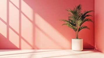 Interior in pastel rose tones with window light patterns on the wall and potted palm creating a calm, modern, stylish ambiance. photo