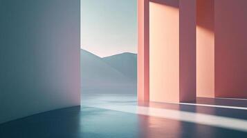 An abstract, minimalist view of mountains through architectural pillars, featuring pastel colors and sharp lighting and shadows. photo