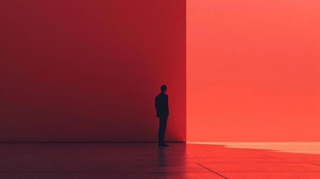 Isolated figure stands in stark red space, creating a powerful image of solitude and contemplation, with light and shadow interplay. photo
