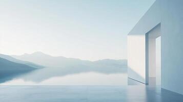 Minimalist architecture frames a serene lake and mountain landscape, bathed in soft, ethereal light. Calmness and simple elegance. photo