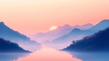 A serene sunrise bathes a tranquil lake, with misty mountains in the distance. The gentle light creates a peaceful, ethereal atmosphere. photo