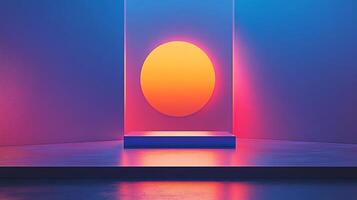 Abstract stage illuminated with neon lighting featuring a gradient circle against a geometric backdrop, creating a vibrant and modern scene. photo