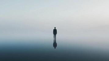 A lone figure stands at the edge of the world, a silent silhouette against a misty horizon, mirrored in the tranquil expanse. photo