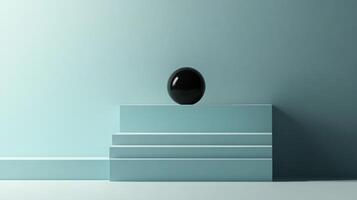 Abstract sphere resting on a stepped platform, creating a minimalist composition with clean lines and a serene, light blue color palette. photo