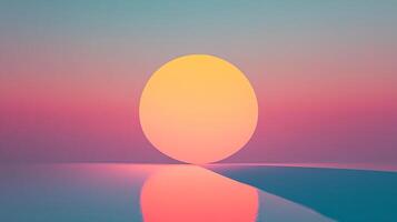 Abstract image of a glowing sphere touching a reflective surface against a gradient backdrop of pink, orange, and blue hues. photo