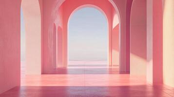 Aesthetic architectural corridor with archways tinted in pastel pink. A serene and minimalist view overlooking the distant sea. photo