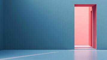 Abstract studio shot of an open doorway in a cyan wall, revealing a pink interior space, creating contrast and visual interest. photo