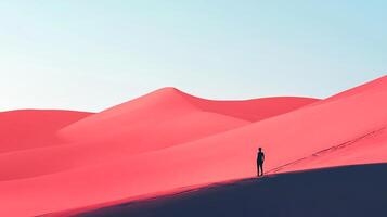 A solitary figure stands silhouetted against a stark desert landscape, bathed in the glow of the setting sun, creating a surreal atmosphere. photo