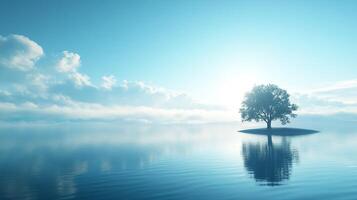 A serene vista featuring a solitary tree on a small island, reflected in calm water under a pale blue sky with scattered clouds. photo