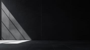 Abstract minimal background showcasing light and shadow patterns across a dark textured wall and floor. Modern architectural style. photo