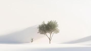 Minimalist scene featuring a tree casting shadows on a white background alongside a small potted plant. Clean, calming and inviting. A touch of nature. photo