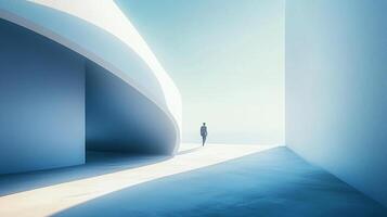 A solitary figure walks towards the horizon within a minimalist, sunlit architectural space, evoking a sense of tranquility and contemplation. photo
