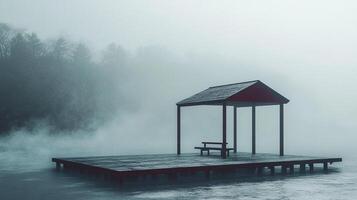 Misty waterscape with a simple red roofed wooden structure on a dock, creating a tranquil and serene escape into nature's embrace. photo