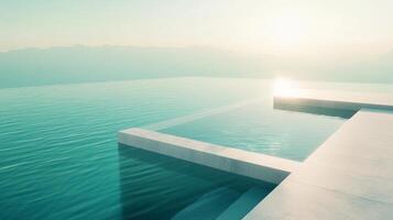 A luxurious, minimalist pool merges with the horizon. The sun creates a soft glow, promising a serene escape in this tranquil oasis. photo