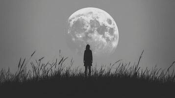Mystical night scene with silhouette of a person standing on a hill with tall grass under a large, bright full moon in a grayscale. photo