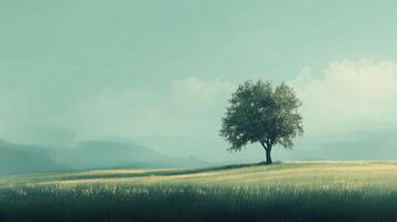 Solitary tree standing tall against the distant hills, bathed in soft light, creating a serene and peaceful natural scene. photo