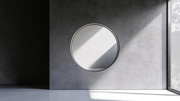 Modern minimalist interior showcasing a round mirror embedded in a textured gray wall, illuminated by natural light casting dynamic shadows. photo