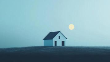 Minimalist house on grassy hill with soft blue sky, evoking tranquility and simplicity. The scene bathed in soft light with a glowing sun. photo