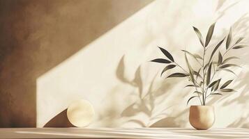 Minimalist still life with sunlight casting shadows. Features a potted plant and neutral color palette, creating a calm and serene atmosphere. photo
