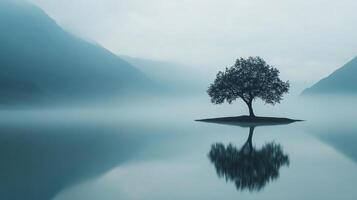 Serene landscape with a solitary tree on a small island reflecting in the still water under a foggy sky, creating a peaceful, misty scene. photo