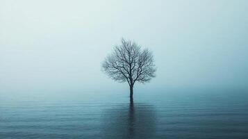 Solitary tree in misty waters, standing strong against the elements. A symbol of resilience and hope in the face of adversity. photo
