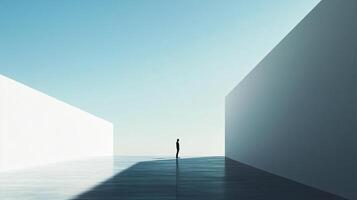 Minimalist composition featuring a lone figure standing amidst vast, abstract architectural forms under a bright, cloudless sky. photo