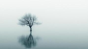 Solitary tree in serene water, its bare branches mirroring against the misty horizon, creating a tranquil, ethereal scene. photo