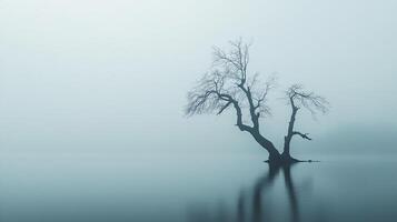 Solitary tree standing still on a misty body of water, its reflection visible. Quiet solitude and nature's harmony in foggy weather. photo