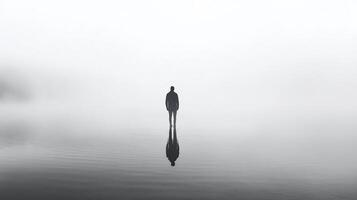 A lone figure stands at the water's edge, their reflection mirrored in the still surface, creating a contemplative and serene atmosphere. photo