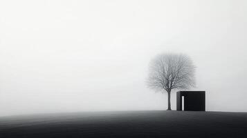 A minimalist landscape with a solitary tree and a dark cuboid structure, enveloped in thick fog, creates a serene yet mysterious atmosphere. photo
