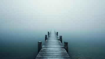 A weathered wooden pier stretches into a dense fog, blurring the boundary between water and sky. Serene solitude and a path unknown. photo