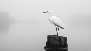 A serene white bird rests atop a weathered tree stump, shrouded in mist. The scene evokes tranquility and a sense of natural peace. photo