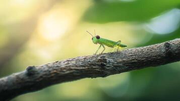 A vibrant green grasshopper, with its bright red eyes, rests upon a tree branch amidst a soft, natural bokeh background. photo