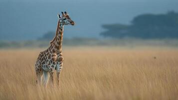 Giraffe standing tall amidst a golden field, gracefully blending with the serene backdrop under a soft, hazy sky at dawn. photo