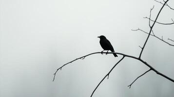 A stark silhouette of a dark bird perched on a bare tree branch against a muted sky, creating a minimalist and atmospheric scene. photo