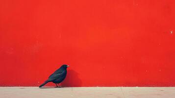 A solitary black bird perches against a vibrant red wall, creating a striking contrast of color and texture. Simplicity and quiet observation. photo
