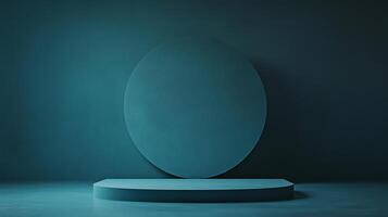 Minimalist product display setup with a rounded stage in a teal setting against a circular backdrop for showcasing items. Clean composition. photo