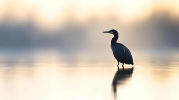 Silhouette of a heron standing in shallow water, reflecting in the calm surface, against a soft, muted background. photo