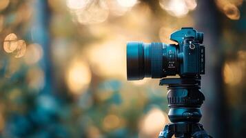 Camera on tripod ready to capture the perfect shot, showcasing photography equipment with bokeh background. photo