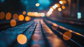 Abstract view of railway tracks stretching into the distance, adorned with shimmering lights against a backdrop of cool blues and warm oranges. photo