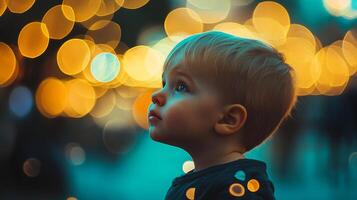 A young child gazes upwards, mesmerized by the soft glow of bokeh lights in a captivating display of wonder and childlike fascination. photo
