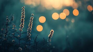 Botanical silhouettes are set against a bokeh background of lights, casting an ethereal glow in this moody and atmospheric nature scene. photo