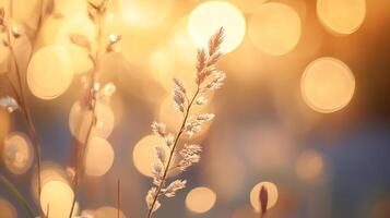 Close up shot of wheat grass with golden bokeh lights in background, creating a dreamy, warm nature scene. photo