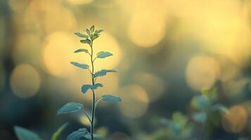 A delicate plant reaches for the light in a serene natural setting, conveying growth and resilience in soft focus with bright bokeh. photo