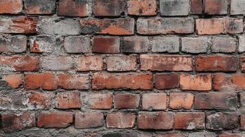 Weathered brick wall texture showing a mix of faded red bricks and grey mortar, creating a rustic and urban aesthetic. photo