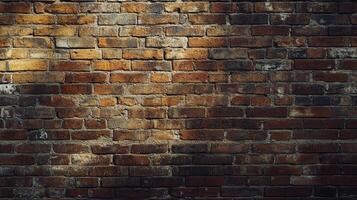 Rustic brick wall with varying shades of brown and a play of light and shadow creating an aged texture background, perfect for texture. photo