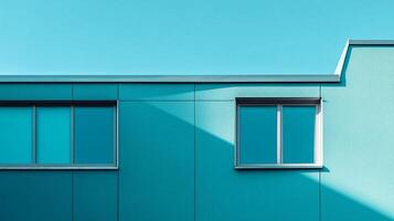 Geometric architecture with windows on blue facade. Minimalist and modern building exterior with clean lines and angular shadows in bright tones. photo