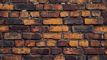 A rustic brick wall, composed of brown, orange, and dark bricks, showcasing a timeless texture and architectural detail. Background element. photo